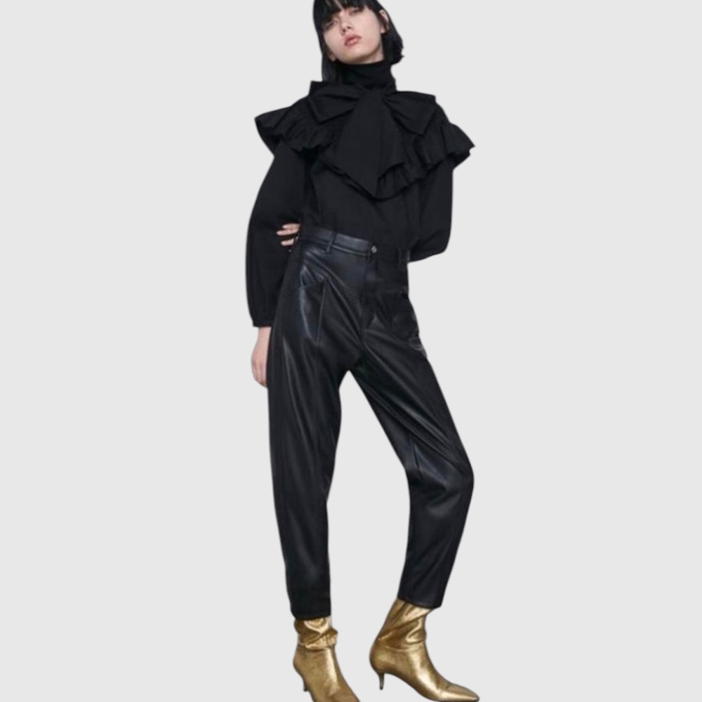 Zara 80's Corsy Faux Leather High Rise Black Pants Balloon Women 6 Small Medium